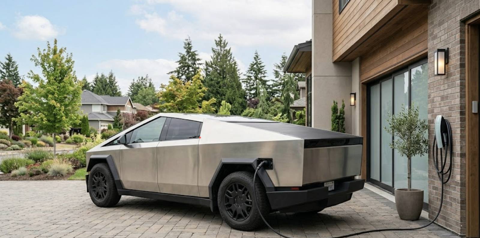 Tesla Cybertruck charging at a modern Charlotte home