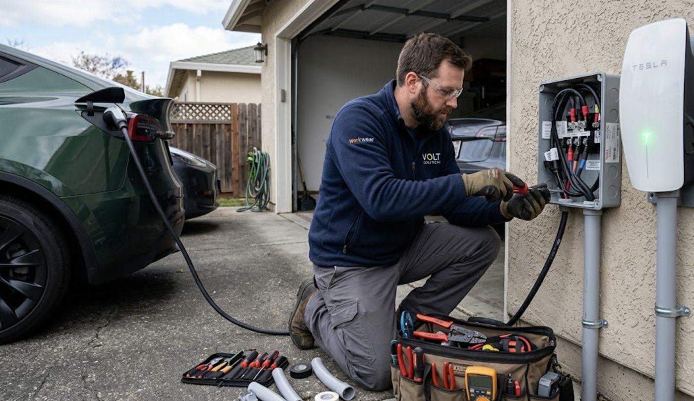 Electrician wiring a dedicated 240-volt circuit at the panel for a Level 2 EV charger install