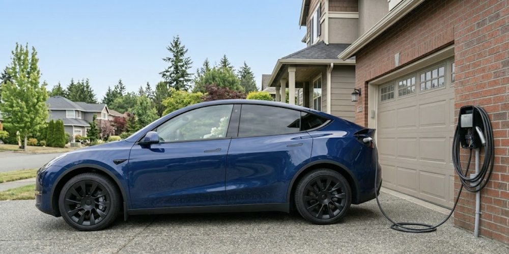 Level 2 EV charger installed at a Charlotte home with a Tesla charging